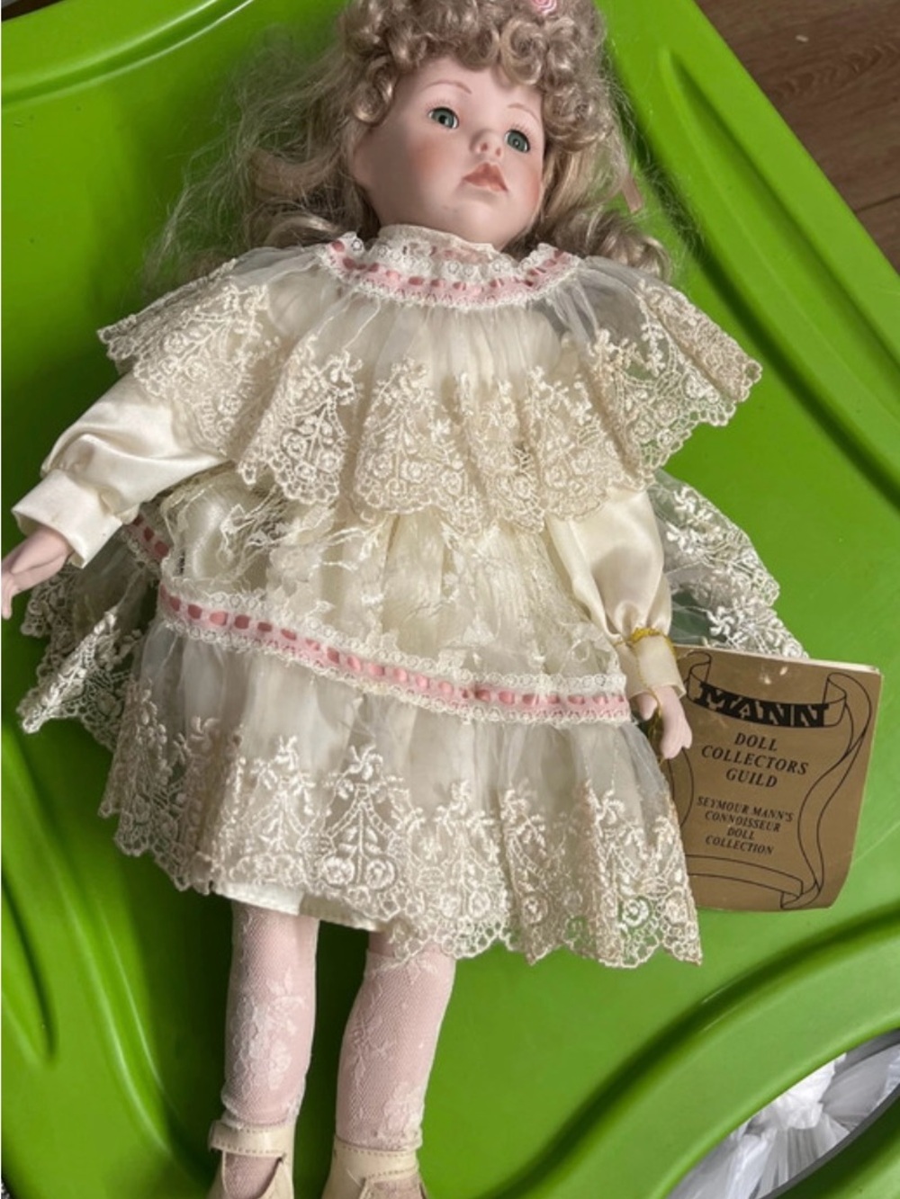 Porcelain Collectible Doll in Cream Lace Dress -